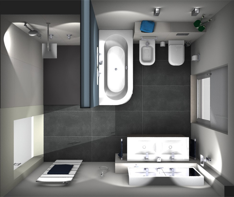 Badezimmer-Grundriss aus der Vogelperspektive mit Badewanne, Dusche, Doppelwaschbecken, WC und Bidet