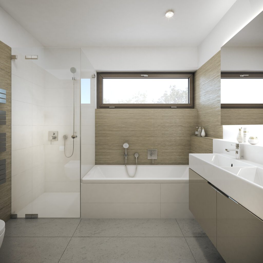 Helles, modernes Badezimmer mit integrierter Badewanne, bodengleicher Dusche und großem Spiegel