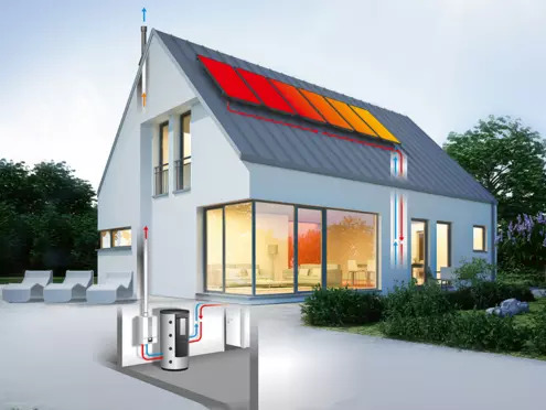 Grafik eines modernen Einfamilienhauses mit Solarthermie-Anlage auf dem Dach. Farbliche Darstellung des Heizkreislaufs mit Kollektoren, Warmwasserspeicher im Keller und Heizsystem-Anschlüssen im Haus.
